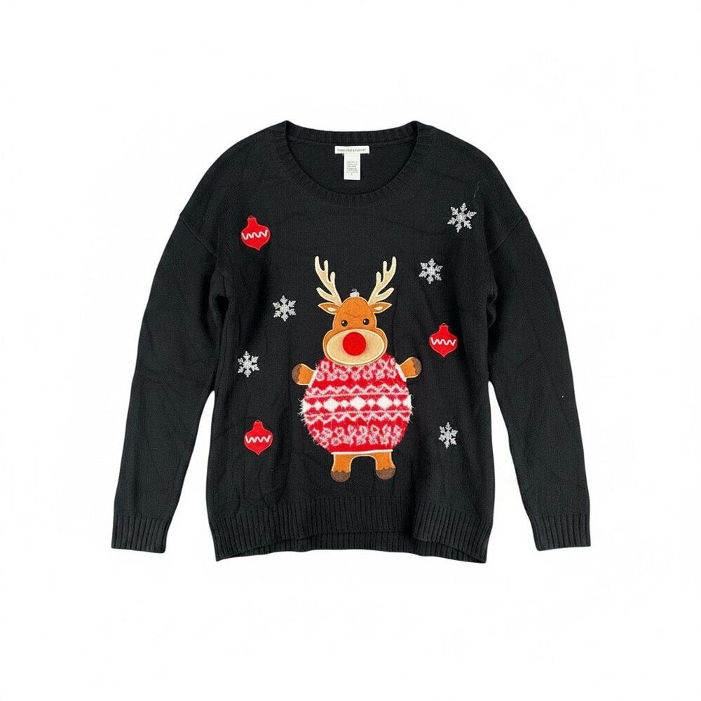 Vintage Reindeer Christmas Sweater Funny Ugly Sweater Holiday Snow Large